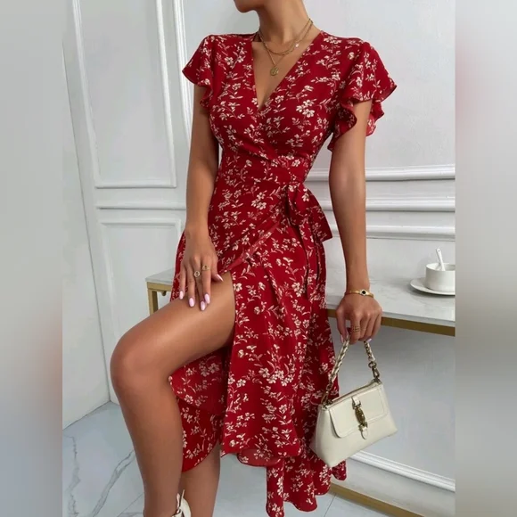 Boutique Dresses | New Boho Floral Flutter Wrap Dress Burgundy Red | Color: Cream/Red | Size: 6 | Glitteredcloset's Closet